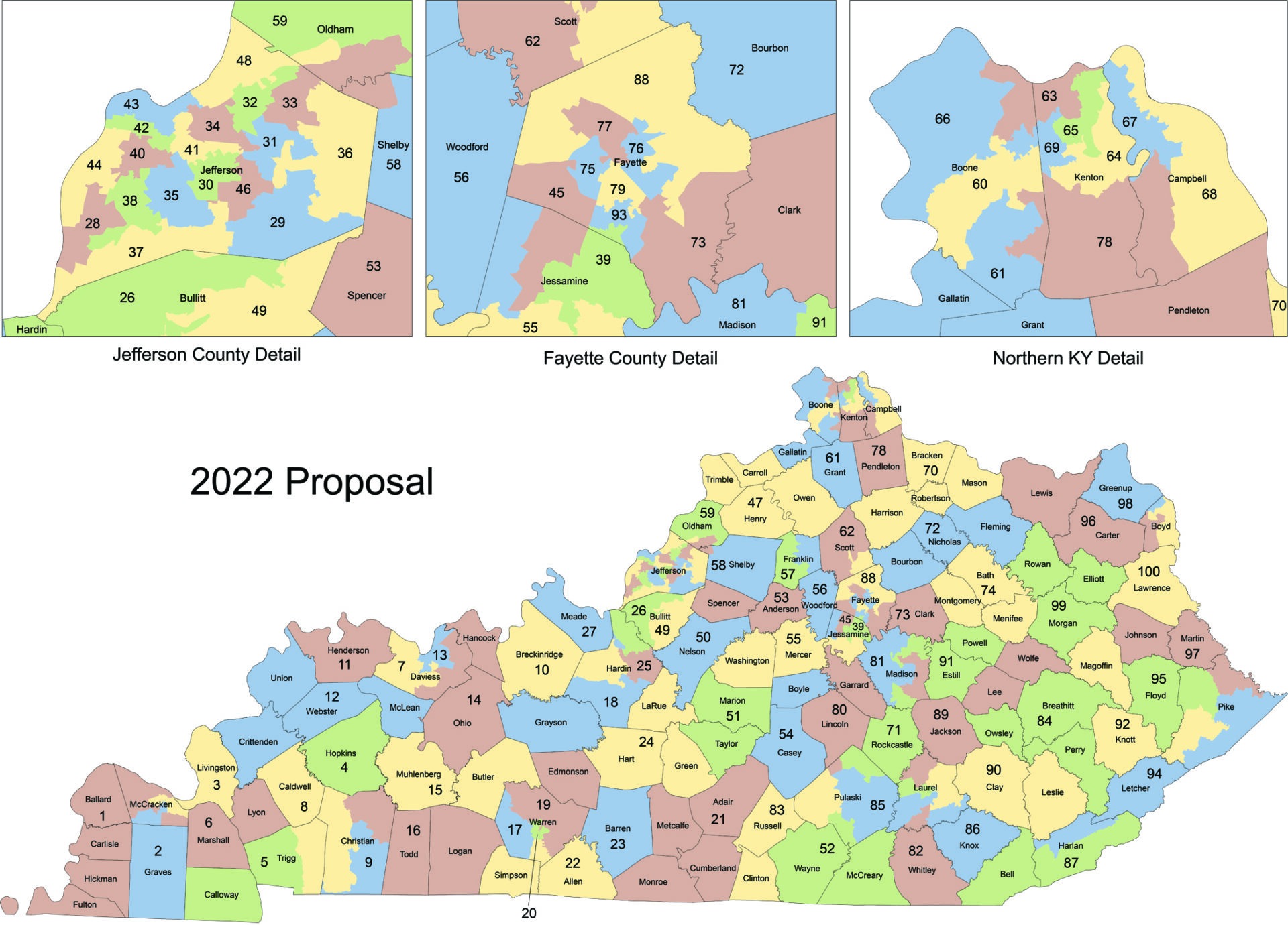 A map of kentucky with the counties colored in different colors.