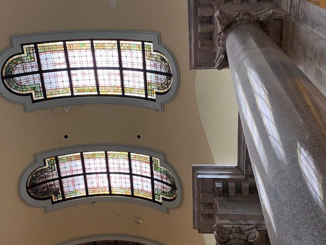 Stained glass windows in the ceiling of the Kentucky Capitol. Photo by Lewis Glasscock