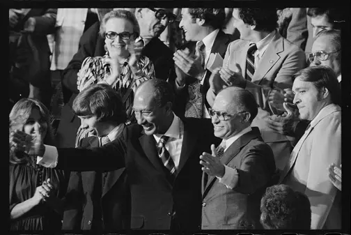 Egyptian President Anwar Sadat and Israeli Prime Minister Menachem Begin acknowledge applause during a Sept. 18, 1978 Joint Session of Congress in which President Jimmy Carter announced the results of the Camp David Accords. Photo by Warren K. Leffler from the collection of the Library of Congress.