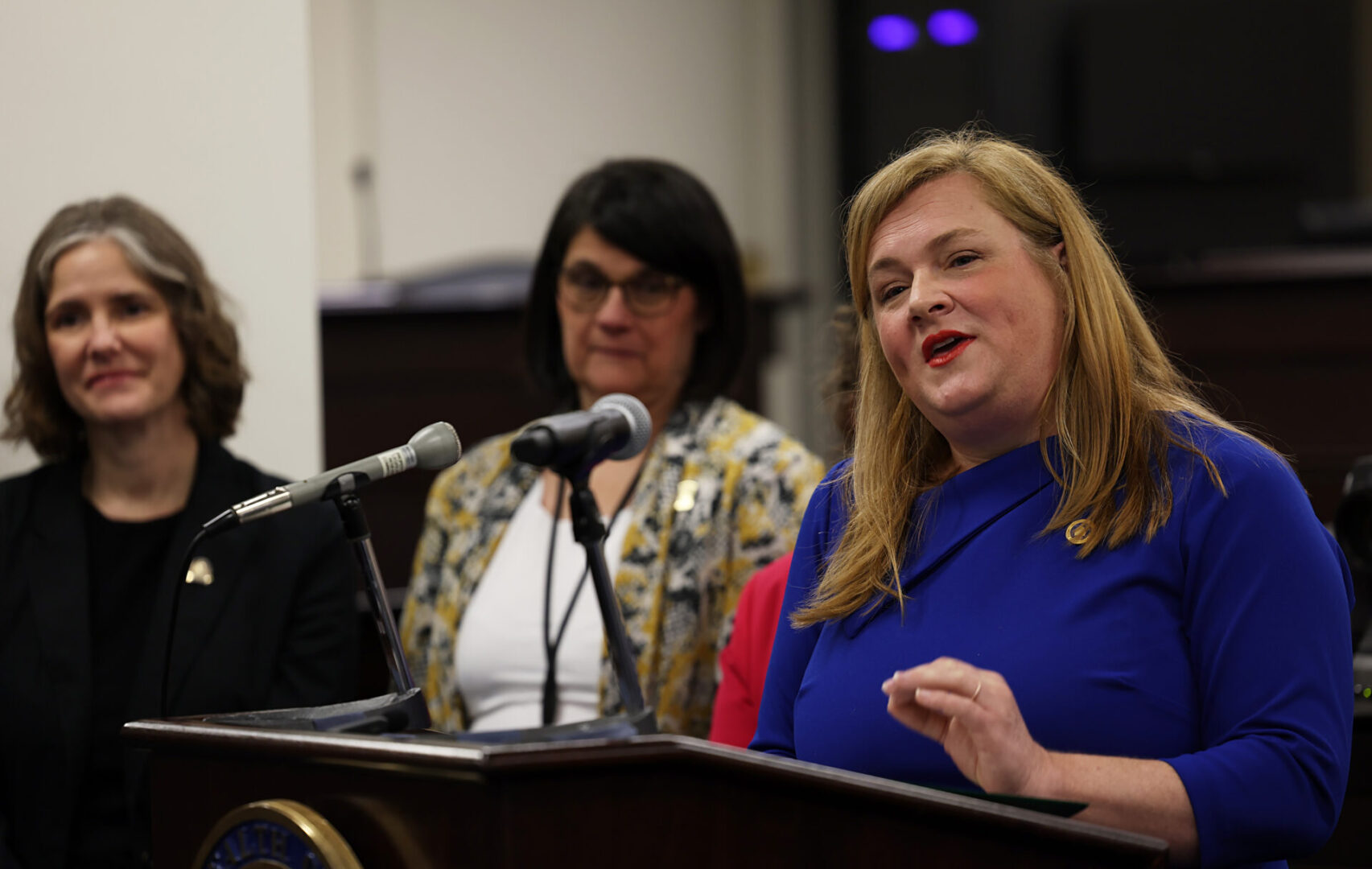 House Minority Whip Lindsey Burke, D-Lexington, answers a reporter’s question during a House Minority Caucus press conference on Feb. 4 in the Capitol Annex in Frankfort. Photo: Kentucky Legislative Research Commission