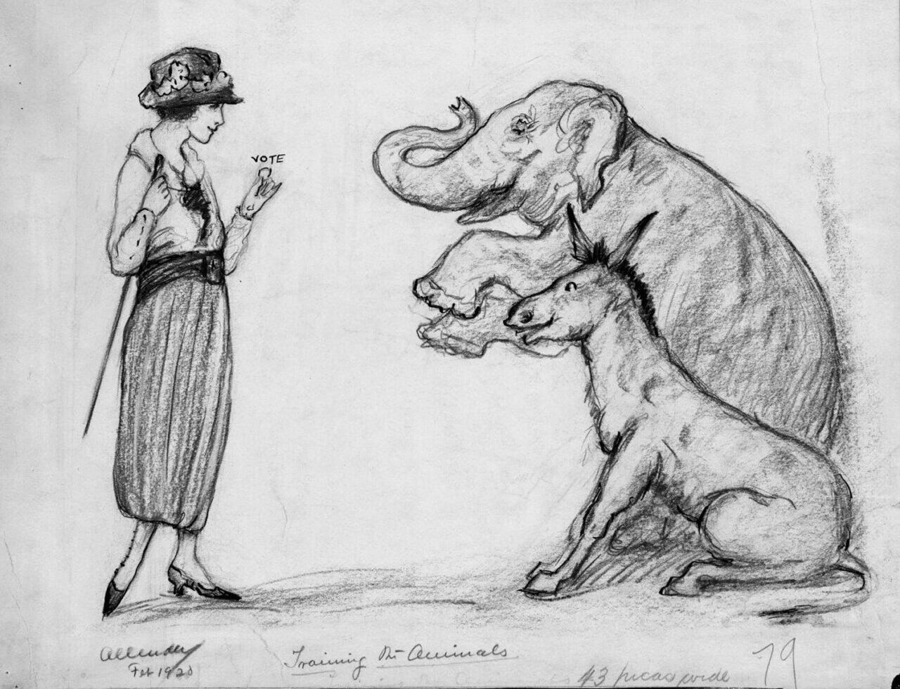 A woman uses her vote to train the Republican elephant and the Democratic donkey in this drawing by Nina Allender (1872-1957). The cartoon originally was published in The Suffragist on Feb. 1, 1920 and is in the collection of the U.S. National Park Service.