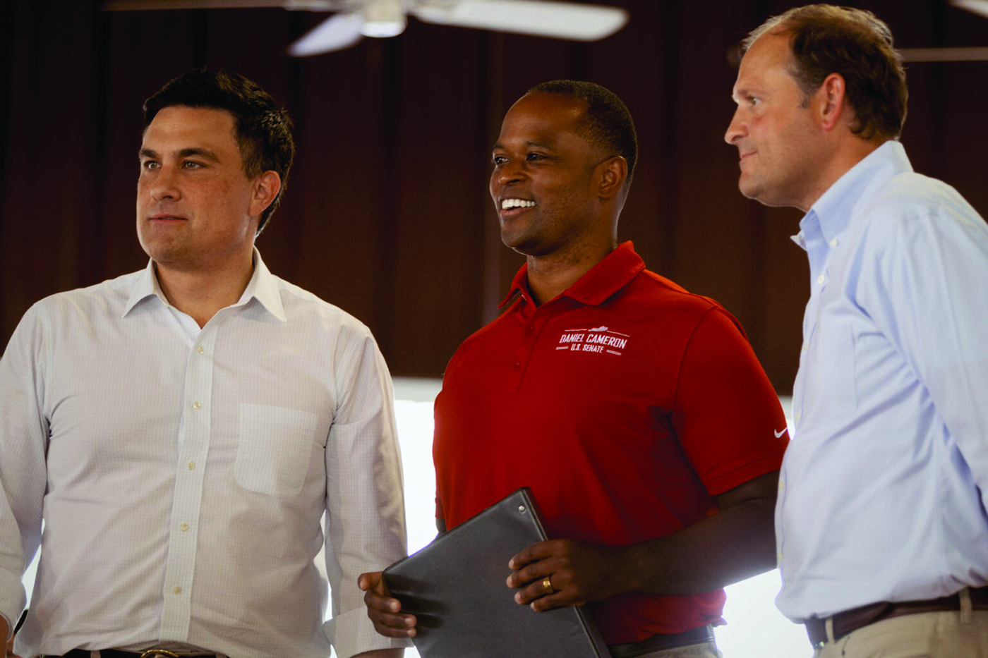 Republican U.S. Senate candidates, from left, businessman Nate Morris, former Kentucky Attorney General Daniel Cameron, and U.S. Rep. Andy Barr. The three spoke at the annual Fancy Farm Picnic on Aug 2, 2025. Kentucky Lantern photo by Austin Anthony.
