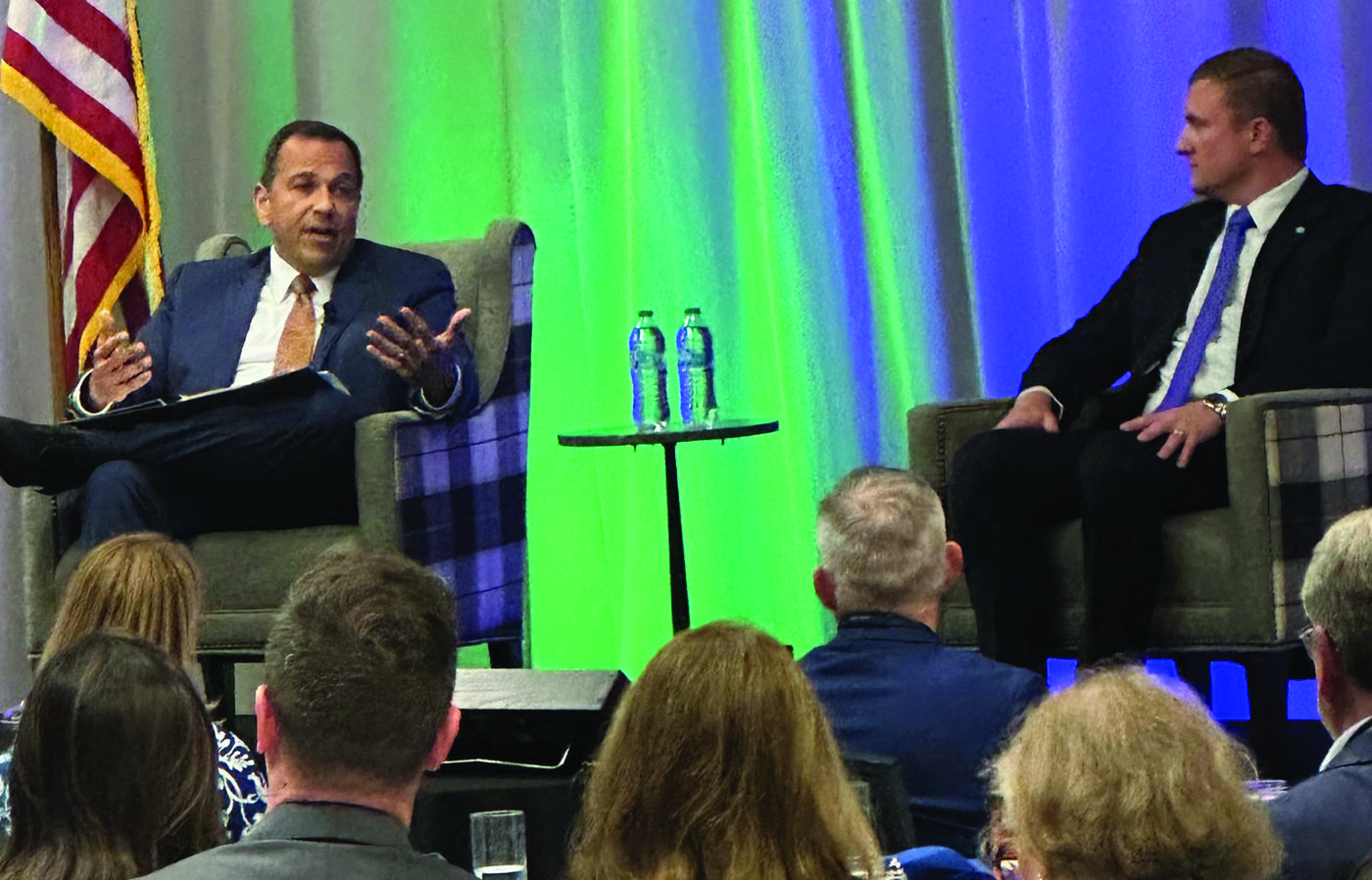 Former state Sen. Ralph Alvarado, R-Winchester, and U.S. Navy veteran Zach Dembo discuss business policy at a July 12 Commerce Lexington forum at the Campbell House in Lexington. Photo: Mark Green
